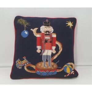 VTG Nutcracker Needlepoint Pillow, Christmas Holiday Wool Cushion 12"X12"